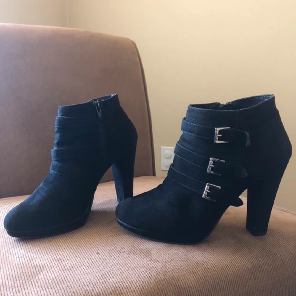 Report Black Suede Triple Buckle High Heel Ankle Boots
